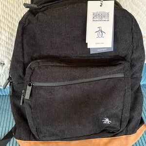 NWT Original Penguin by Munisingwear Black corduroy and brown leather Backpack
